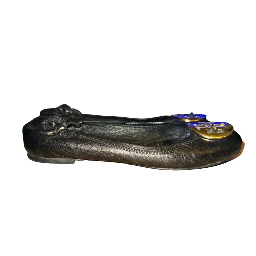 Tory Burch Minnie Travel Ballet Flat Women's Size 7 M Black Leather Slip On Shoe